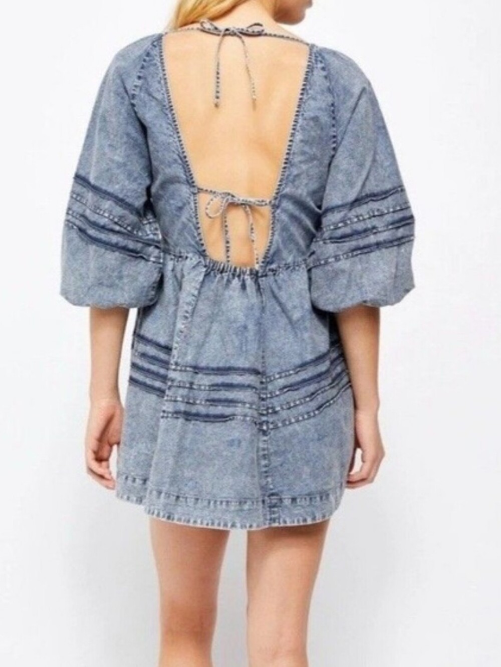 Free People washeddenim puff sleeve open, tie-back mini dress - Picture 6 of 14